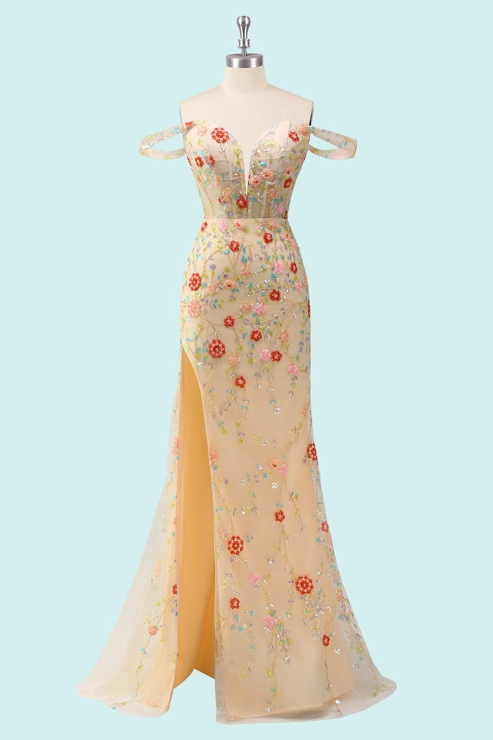 Champagne Prom Dress 3D Floral Appl, Custom Made Satin Evening Gown, Formal Gala Wear - Image 5