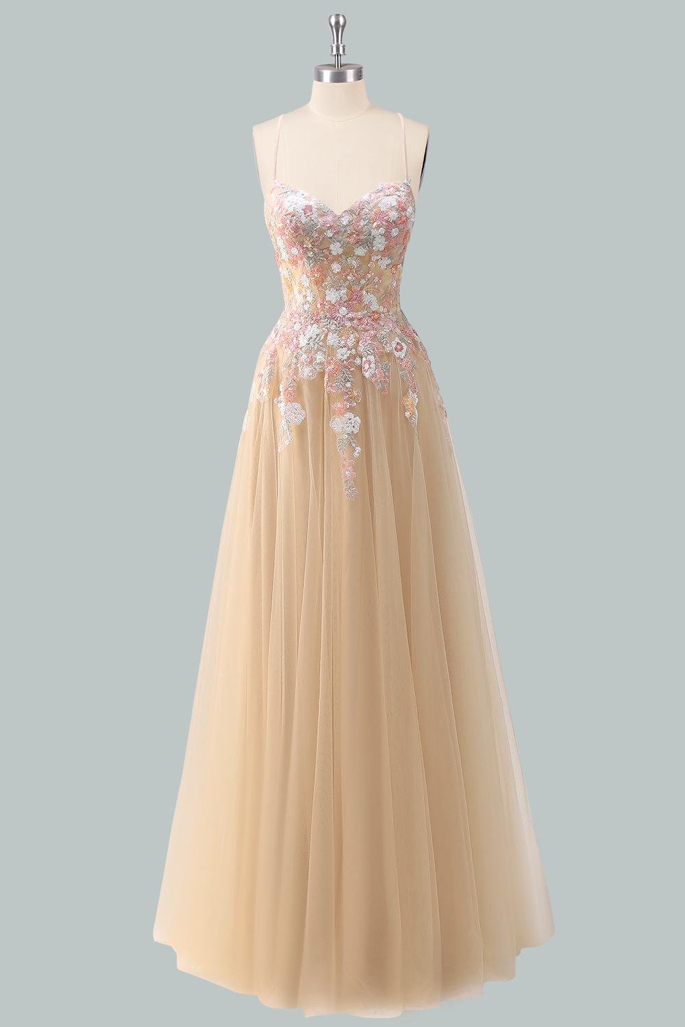Champagne Prom Dress 3D Floral Appl, Custom Made Satin Evening Gown, Formal Gala Wear - Image 5
