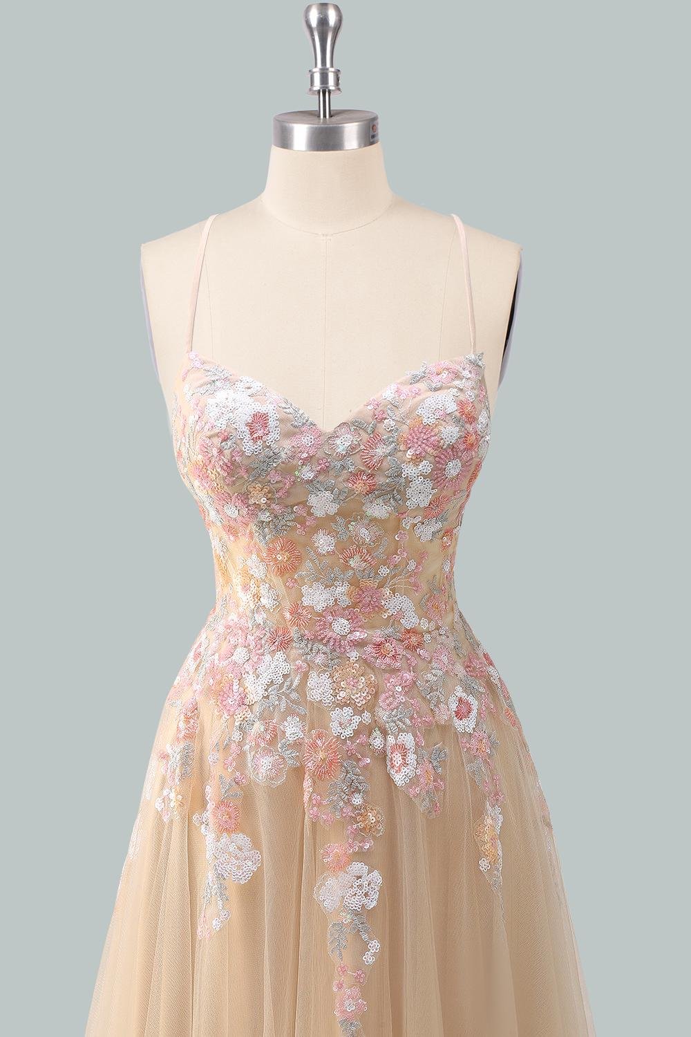 Champagne Prom Dress 3D Floral Appl, Custom Made Satin Evening Gown, Formal Gala Wear - Image 6