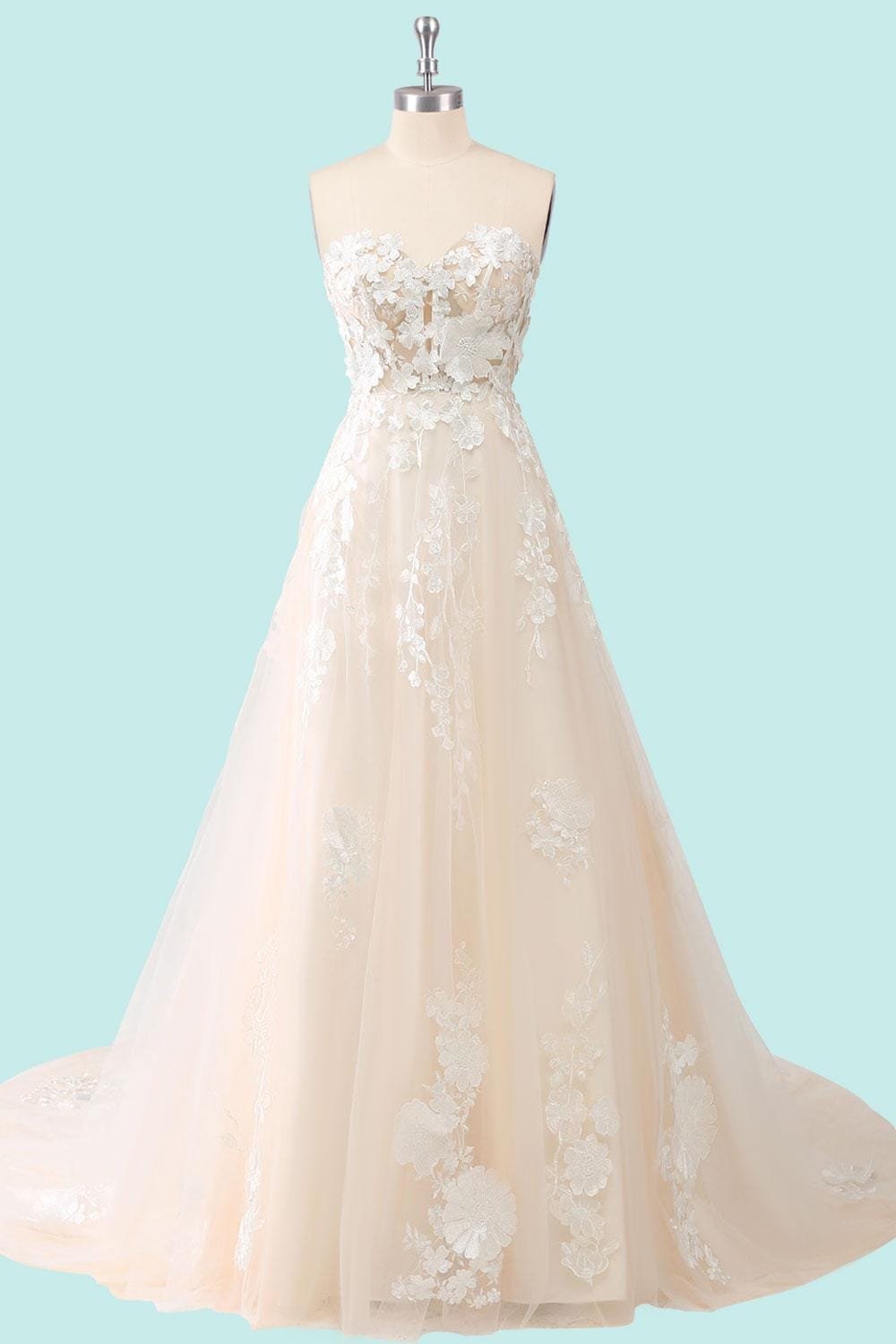 Champagne Wedding Dress 3D Floral Appliq, Custom Made Embroidery Bridal Gown, Outdoor Wedding Wear - Image 4