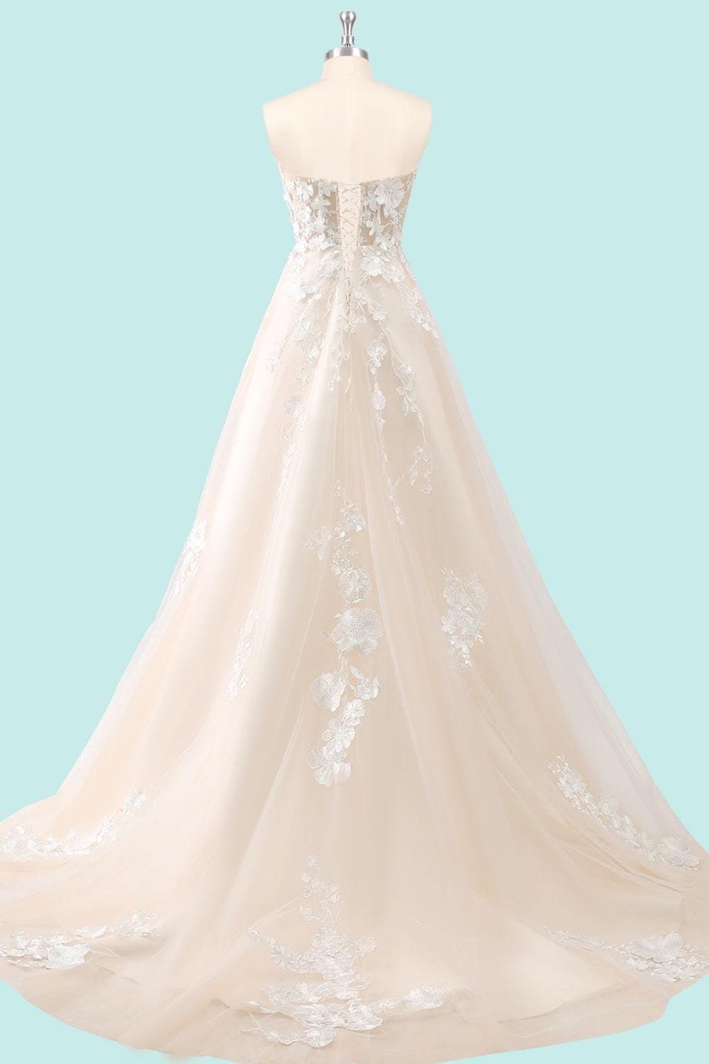 Champagne Wedding Dress 3D Floral Appliq, Custom Made Embroidery Bridal Gown, Outdoor Wedding Wear - Image 5