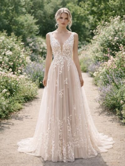 Champagne Wedding Dress 3D Floral Appliq