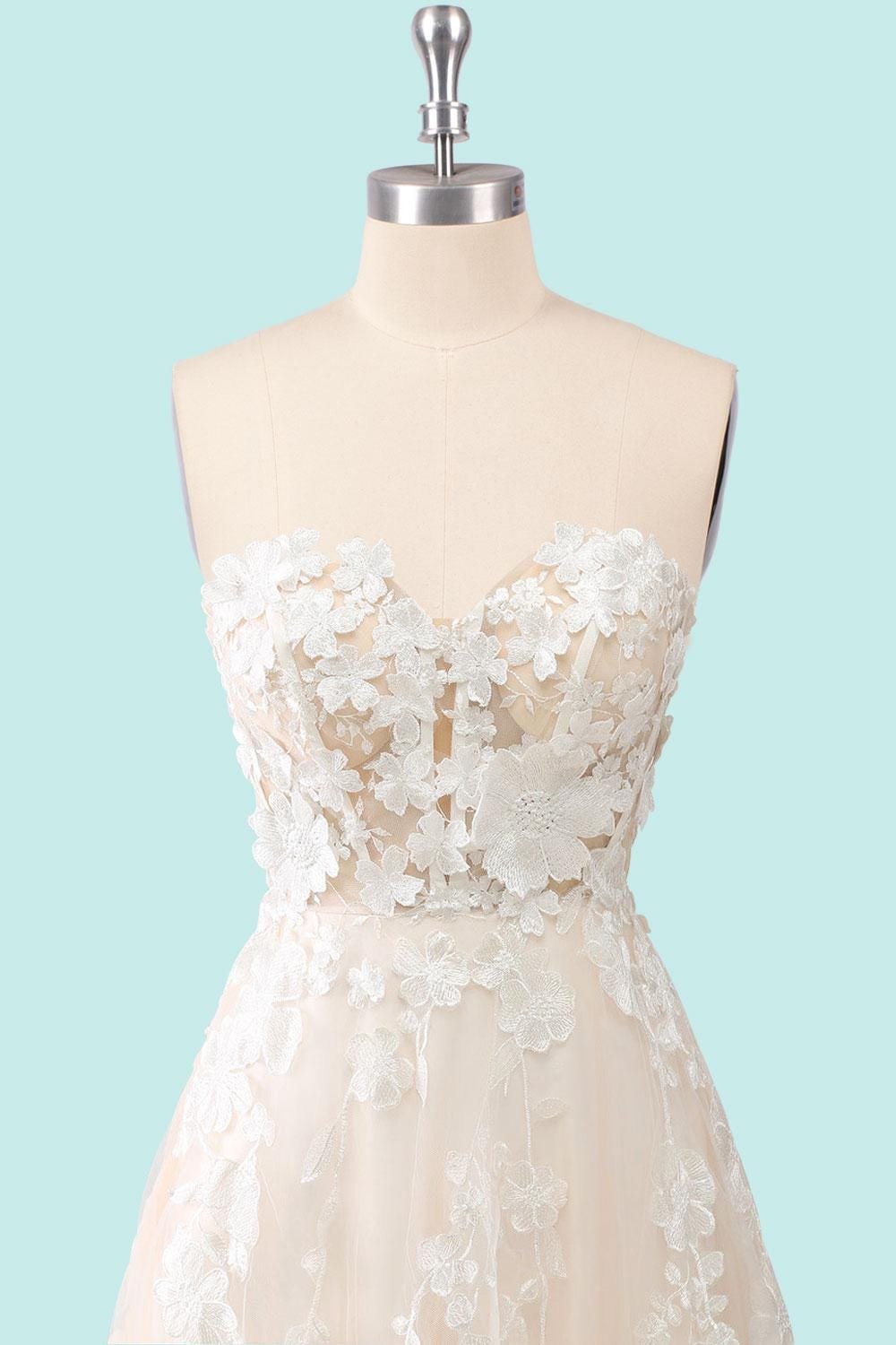 Champagne Wedding Dress 3D Floral Appliq, Custom Made Embroidery Bridal Gown, Outdoor Wedding Wear - Image 6