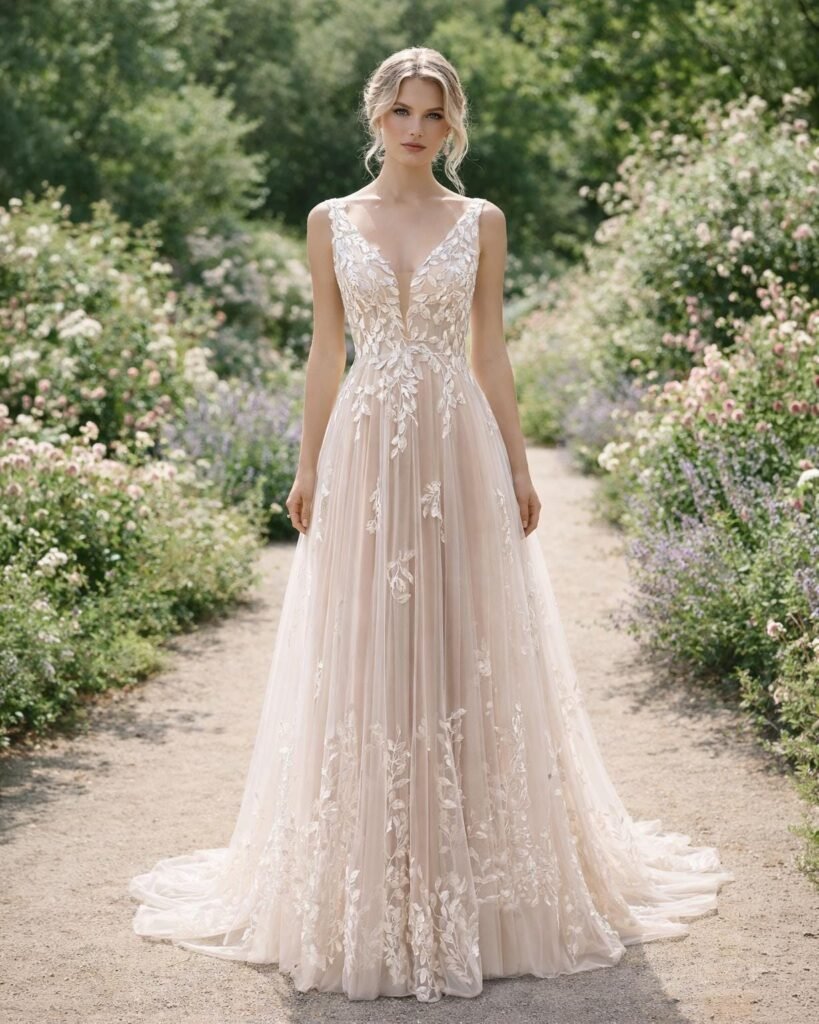 Champagne Wedding Dress 3D Floral Appliq