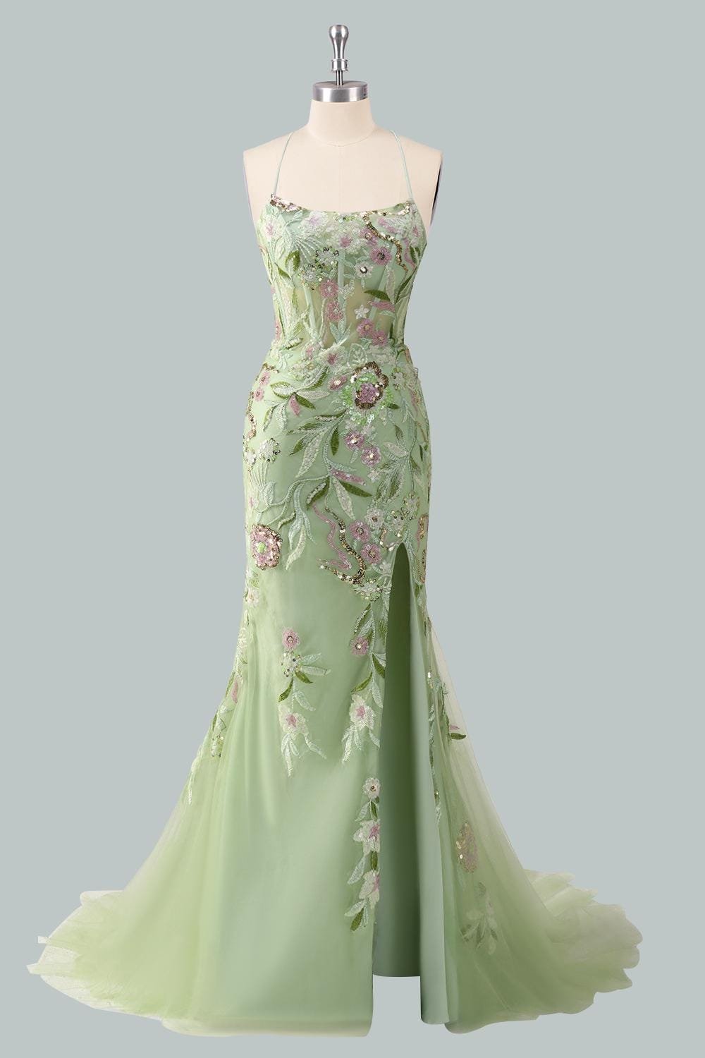 Custom Green Corset Prom Dress Sequin Tulle Gown, Sparkly Forest Fairy Dress, 3D Floral Applique, Unique Graduation Gown 2026 Fairycore Gown - Image 6