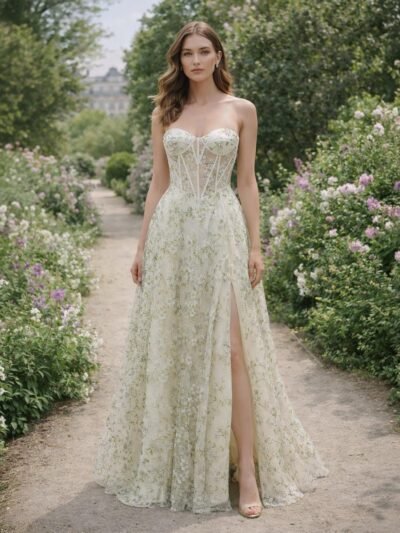 Custom Floral Corset Prom Dress Slit Garden Party Gown Embroidered Lace Wedding Guest Attire
