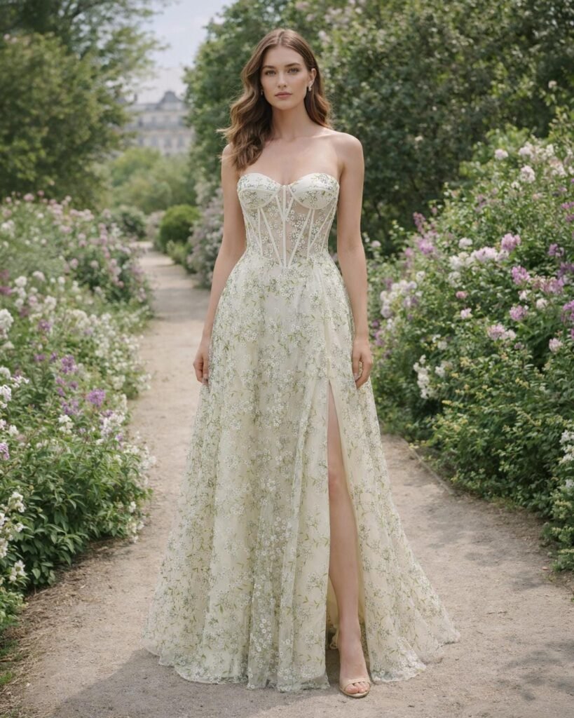 Custom Floral Corset Prom Dress Slit Garden Party Gown Embroidered Lace Wedding Guest Attire