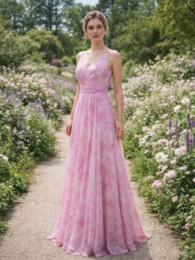 Custom  Lavender Floral Print Chiffon Evening Gown Ethereal Purple Bridesmaid Wedding Guest Party Dress