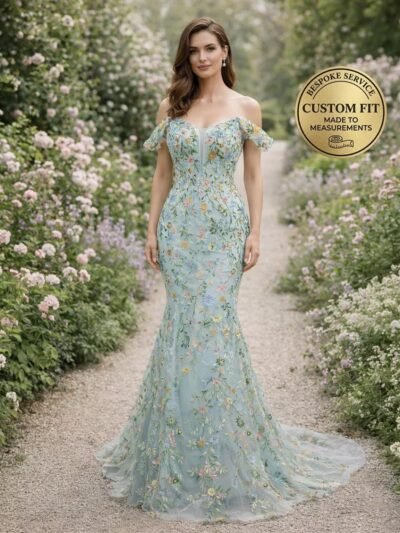 Custom Light Blue 3D Floral Prom Dress Airy Flower Applique Gown