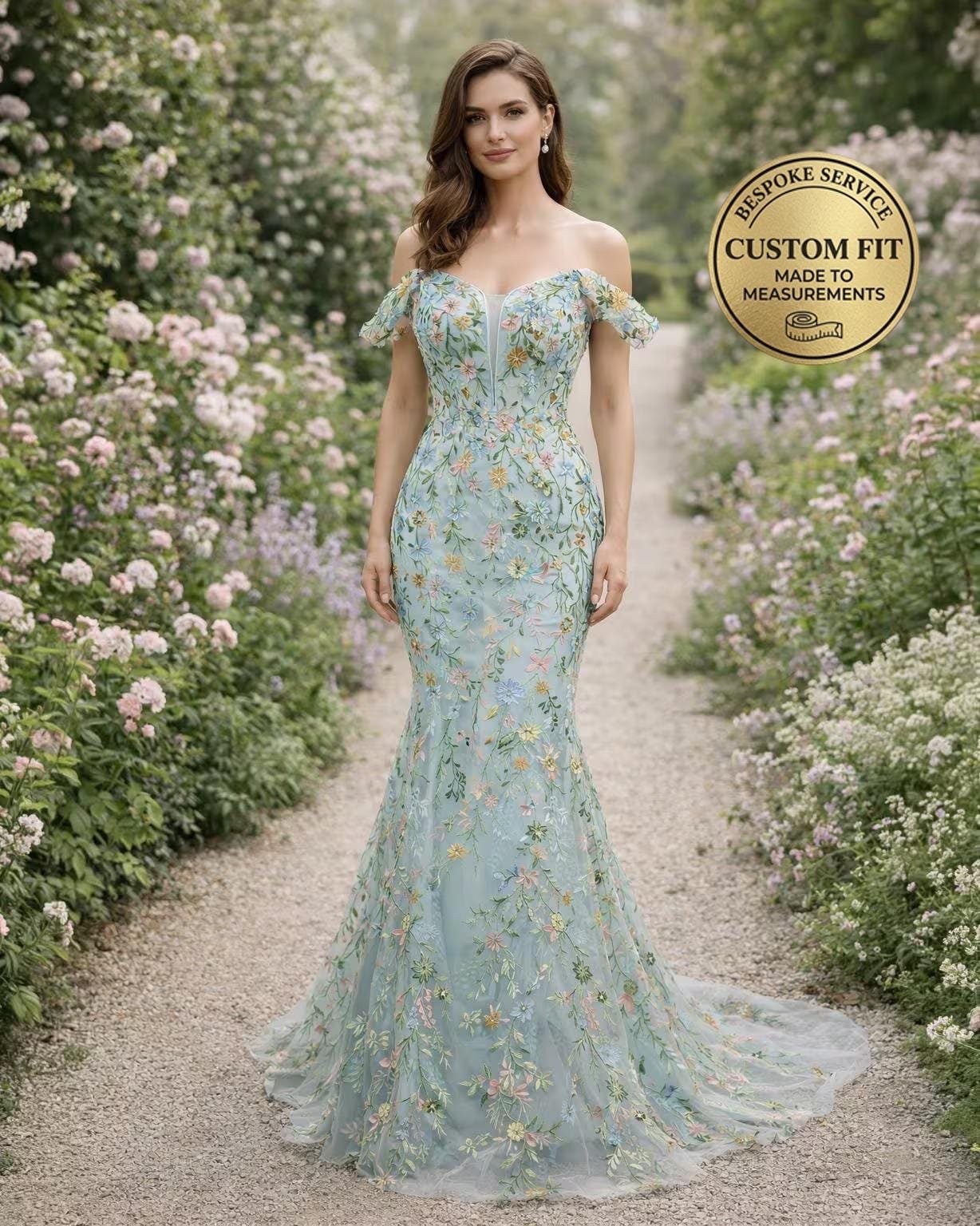 Custom Light Blue 3D Floral Prom Dress Airy Flower Applique Gown