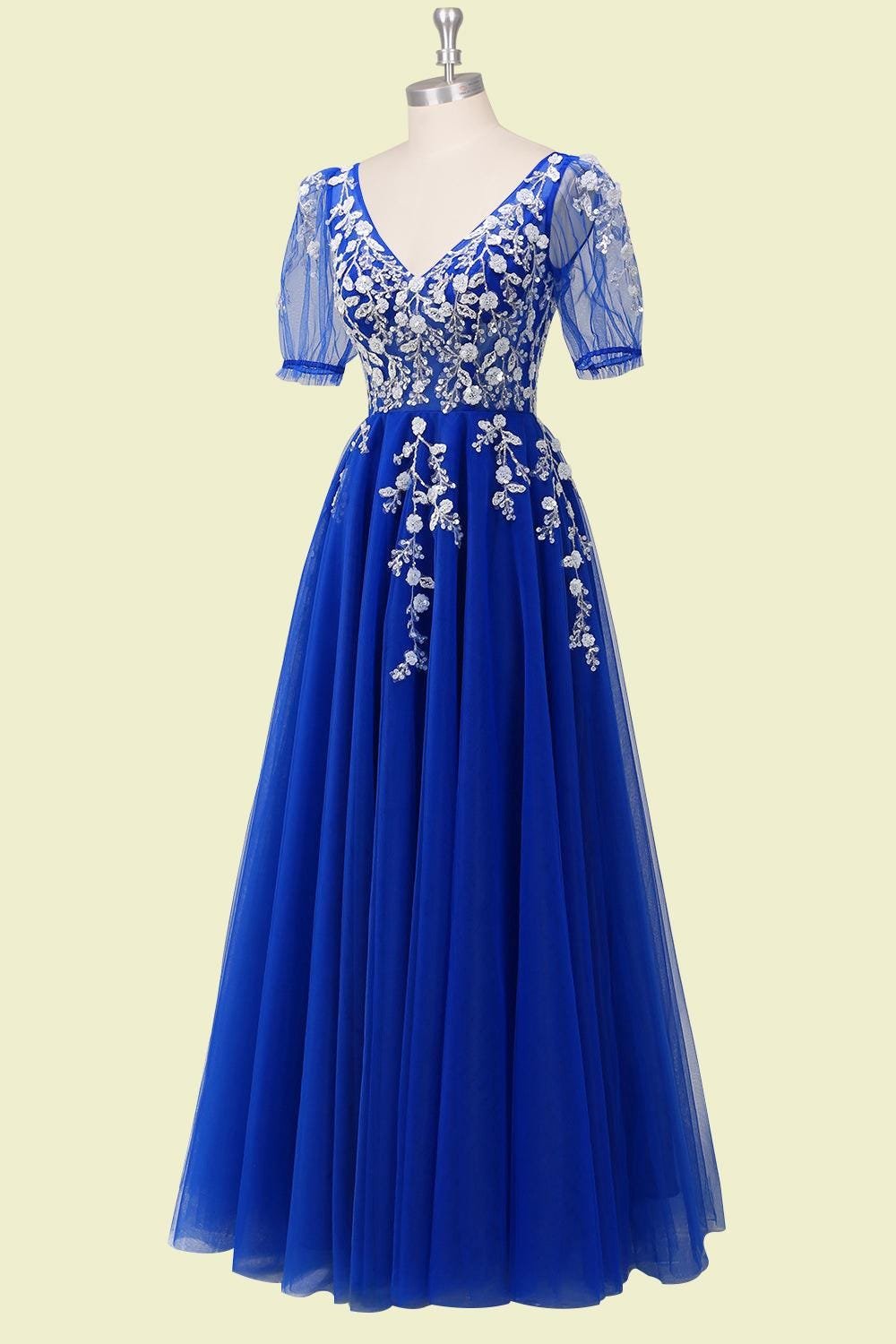 Custom Royal Blue Prom Dress Floral Embroidery Tulle A-Line Formal Evening Wedding Guest Gown - Image 2