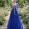 Custom  Royal Blue Prom Dress Floral Embroidery Tulle A-Line Formal Evening Wedding Guest Gown