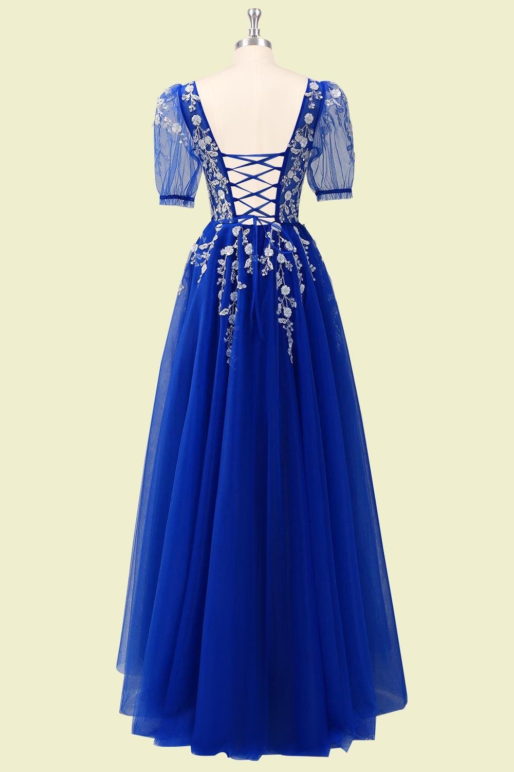 Custom Royal Blue Prom Dress Floral Embroidery Tulle A-Line Formal Evening Wedding Guest Gown - Image 3