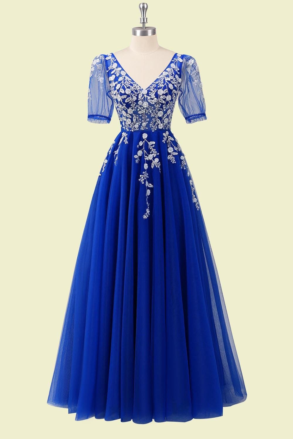 Custom Royal Blue Prom Dress Floral Embroidery Tulle A-Line Formal Evening Wedding Guest Gown - Image 4
