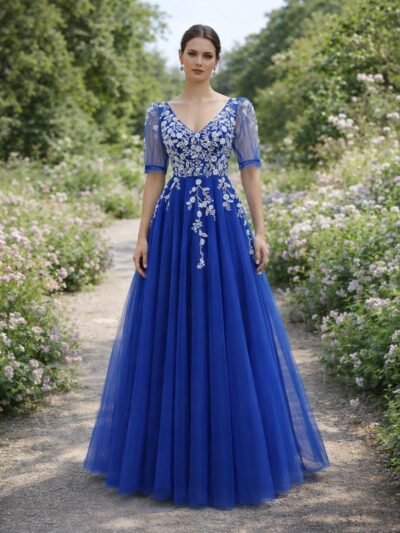 Custom  Royal Blue Prom Dress Floral Embroidery Tulle A-Line Formal Evening Wedding Guest Gown