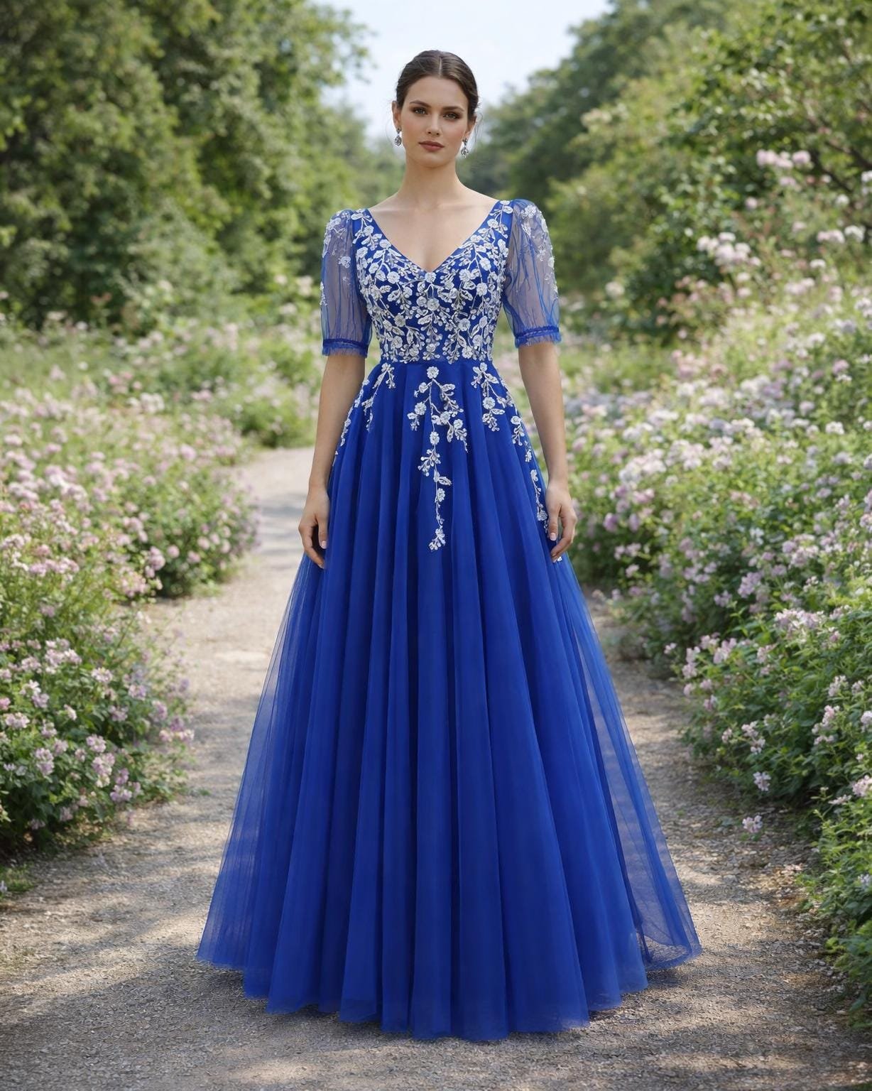 Custom Royal Blue Prom Dress Floral Embroidery Tulle A-Line Formal Evening Wedding Guest Gown