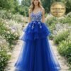 Custom  Royal Blue Tiered Sequin Prom Dress Floral Embroidered Corset Tulle Evening Party Gown