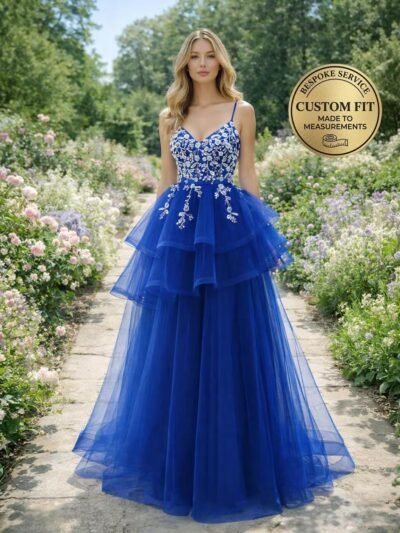 Custom  Royal Blue Tiered Sequin Prom Dress Floral Embroidered Corset Tulle Evening Party Gown