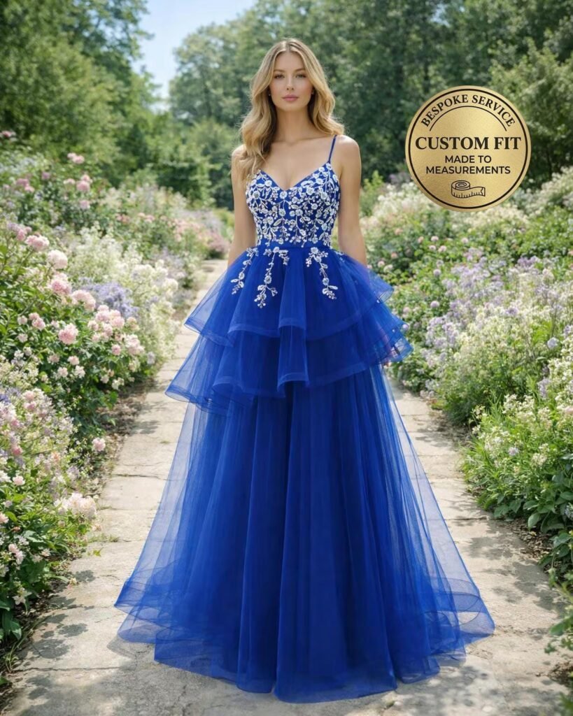 Custom Royal Blue Tiered Sequin Prom Dress Floral Embroidered Corset Tulle Evening Party Gown