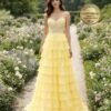 Custom  Yellow Tiered Lace Corset Dress Formal Prom Gown Handmade Evening Party Ball Attire
