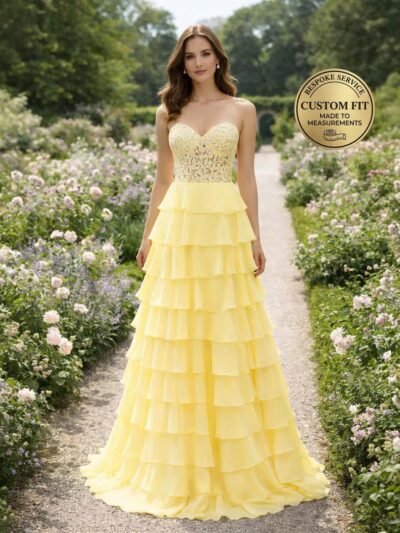Custom  Yellow Tiered Lace Corset Dress Formal Prom Gown Handmade Evening Party Ball Attire