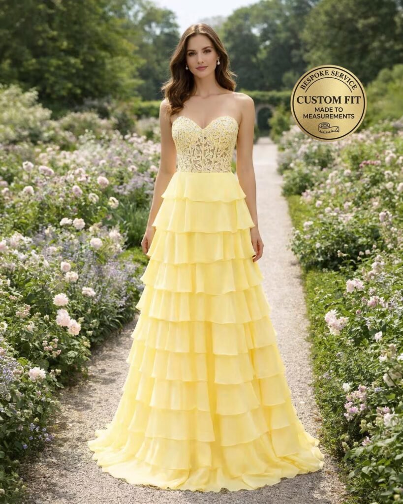 Custom  Yellow Tiered Lace Corset Dress Formal Prom Gown Handmade Evening Party Ball Attire