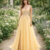 Custom Yellow Tulle Prom Dress with Lace Crystal Corset Slit Formal Evening Party Gown