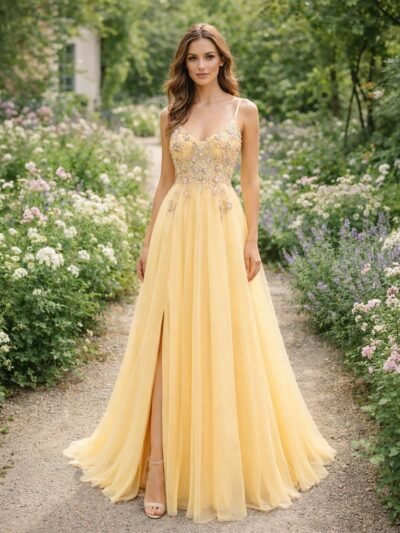 Custom Yellow Tulle Prom Dress with Lace Crystal Corset Slit Formal Evening Party Gown