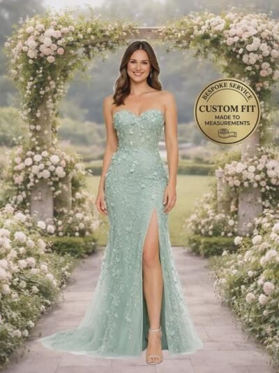 Custom Sage Green Flower Embroidery Prom Dress