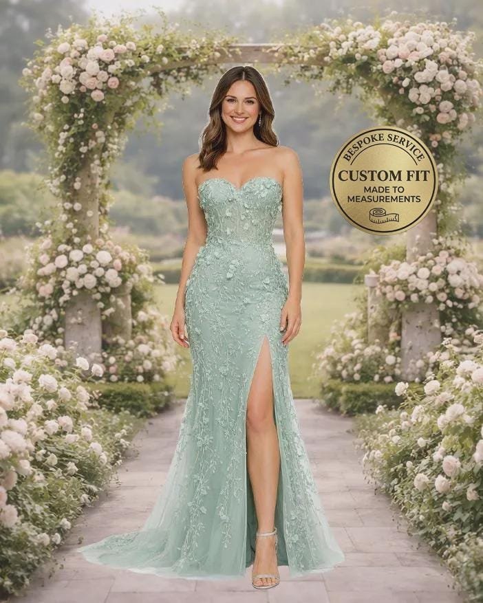Custom Sage Green Flower Embroidery Prom Dress