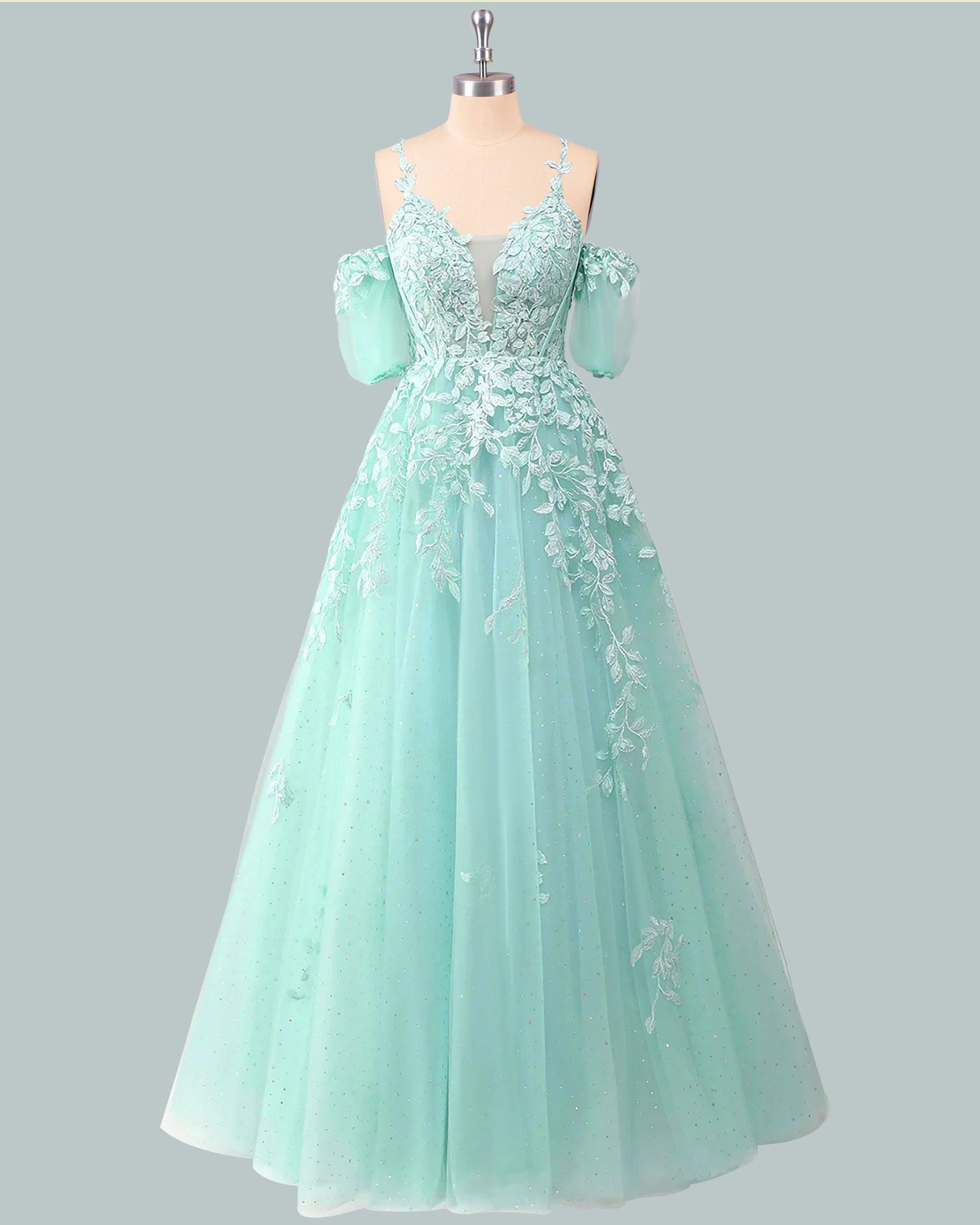 Cyan Prom Dress 3D Floral Applique, Custom Made Crystal Evening Gown, Formal Gala Wear - Image 5