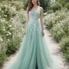 Cyan Prom Dress  3D Floral Applique