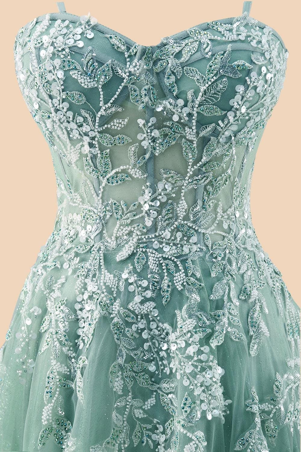Cyan Prom Dress 3D Floral Applique, Custom Made Embroidery Evening Gown, Formal Gala Wear - Image 4