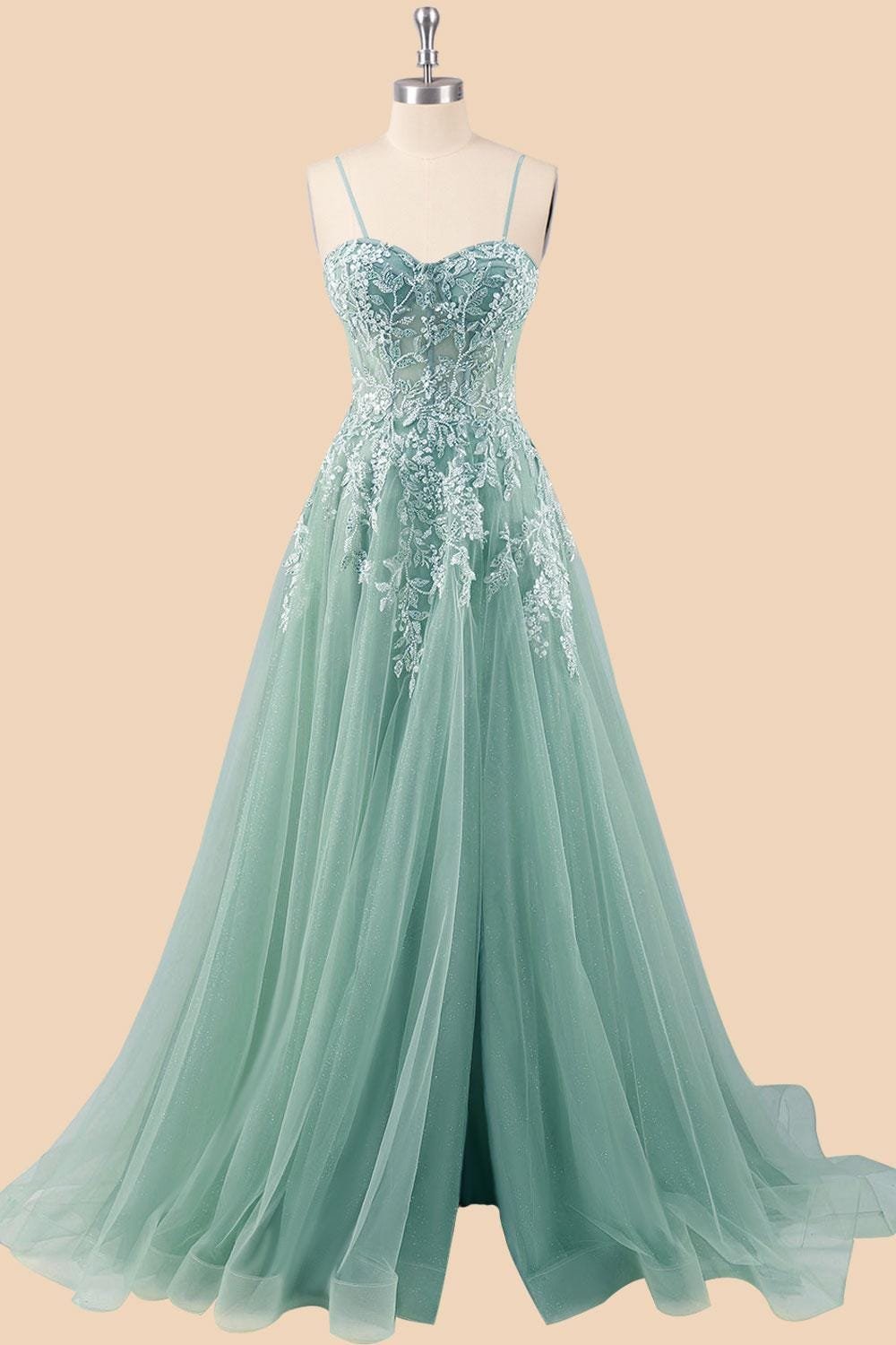 Cyan Prom Dress 3D Floral Applique, Custom Made Embroidery Evening Gown, Formal Gala Wear - Image 5