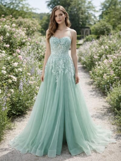 Cyan Prom Dress 3D Floral Applique