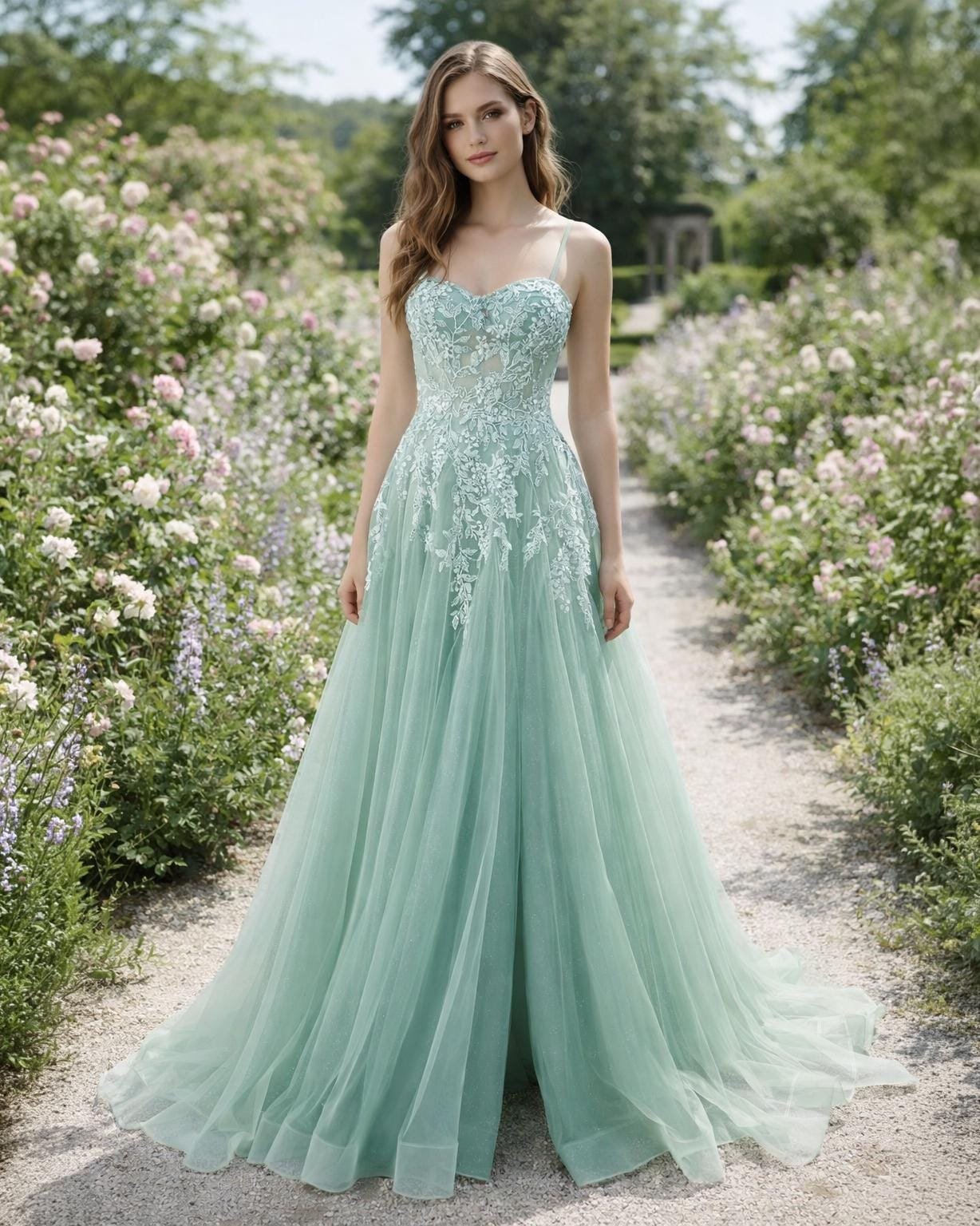 Cyan Prom Dress 3D Floral Applique