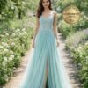 Cyan Prom Dress  3D Floral Applique