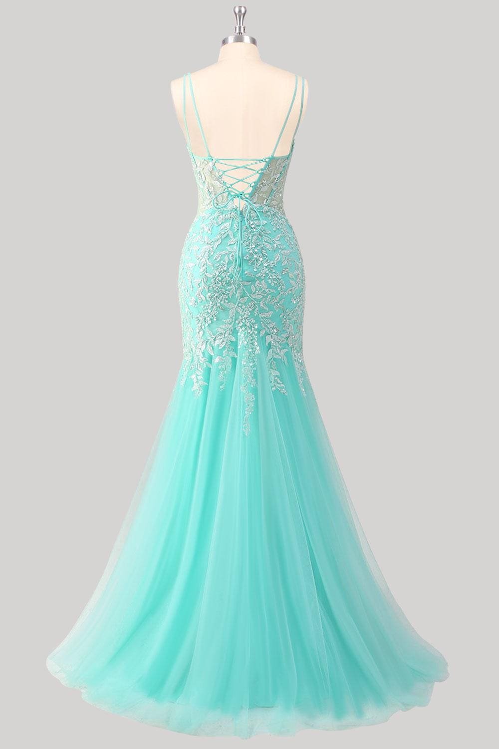 Cyan Prom Dress 3D Floral Applique, Custom Made Satin Evening Gown, Formal Gala Wear - Image 4