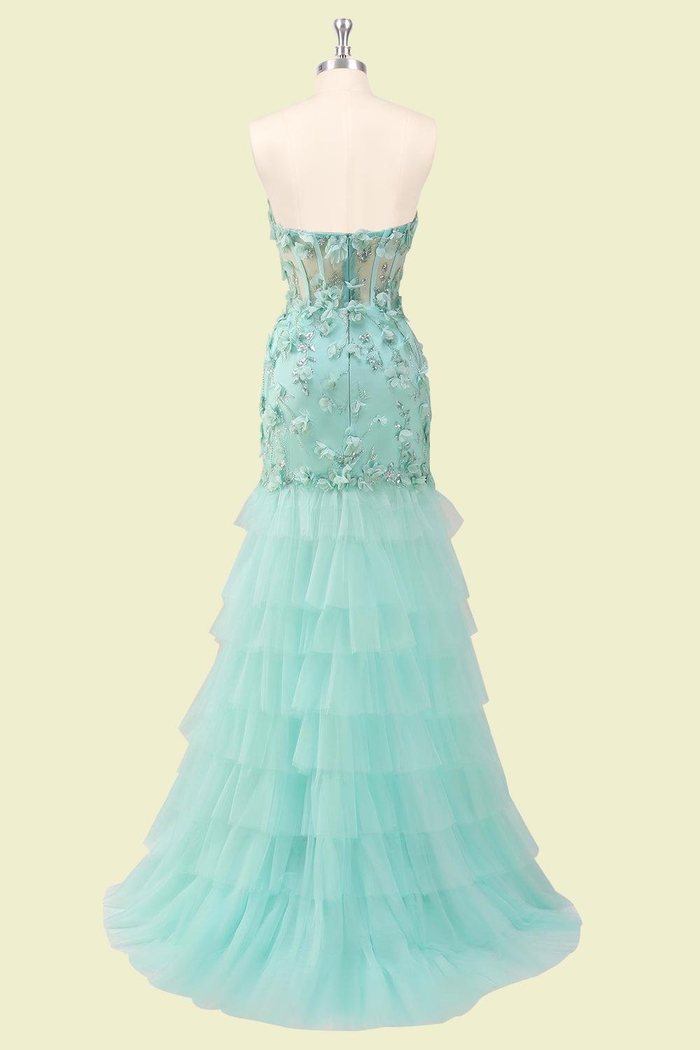 Cyan Prom Dress 3D Floral Applique, Custom Made Satin Evening Gown, Formal Gala Wear - Image 4