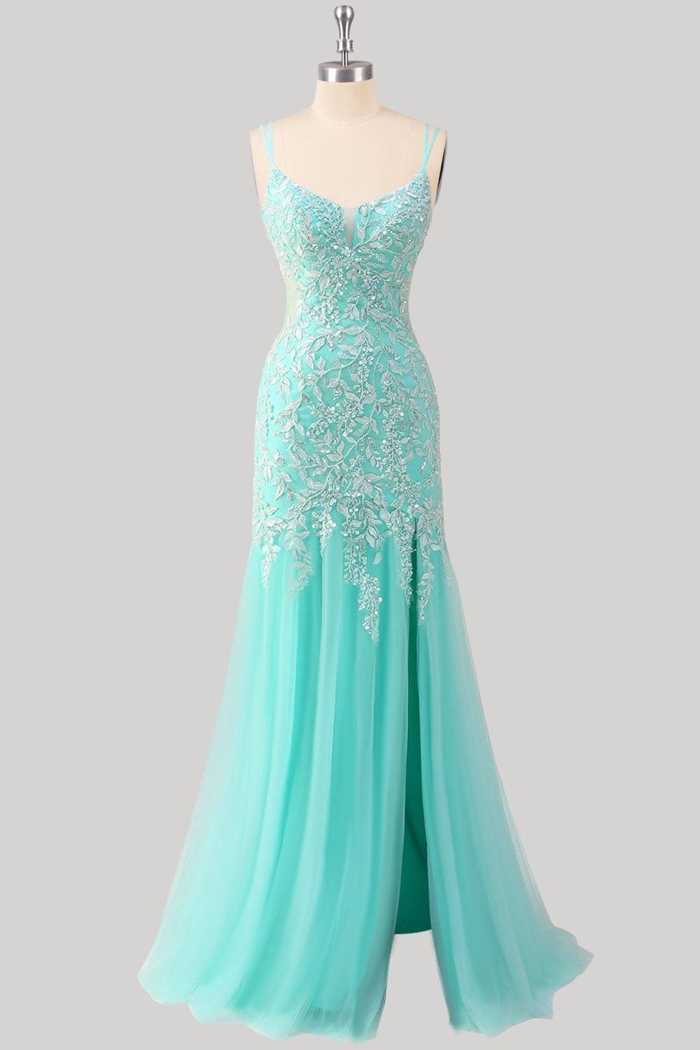 Cyan Prom Dress 3D Floral Applique, Custom Made Satin Evening Gown, Formal Gala Wear - Image 5