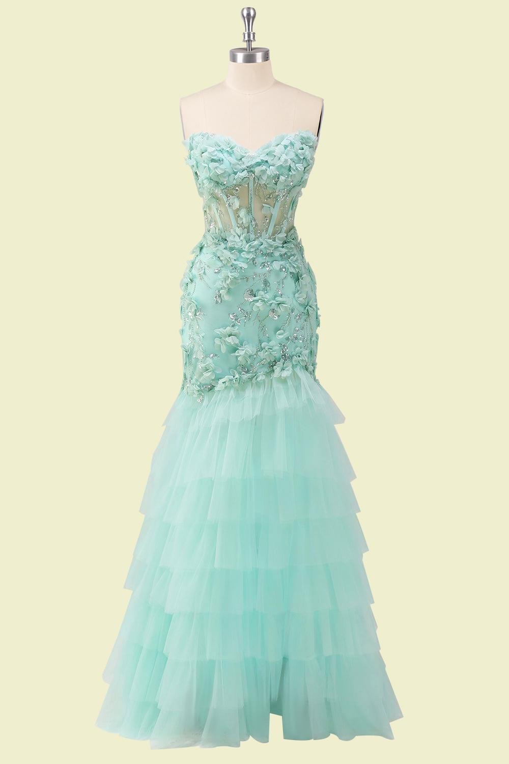 Cyan Prom Dress 3D Floral Applique, Custom Made Satin Evening Gown, Formal Gala Wear - Image 5