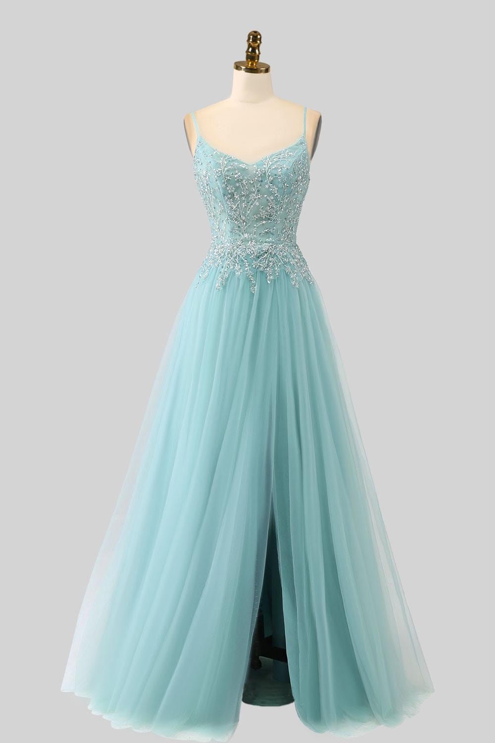 Cyan Prom Dress 3D Floral Applique, Custom Made Satin Evening Gown, Formal Gala Wear - Image 5