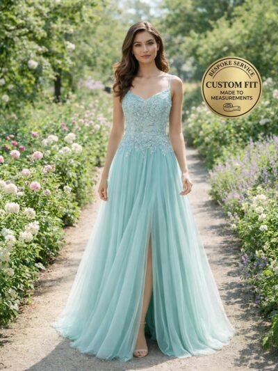 Cyan Prom Dress  3D Floral Applique