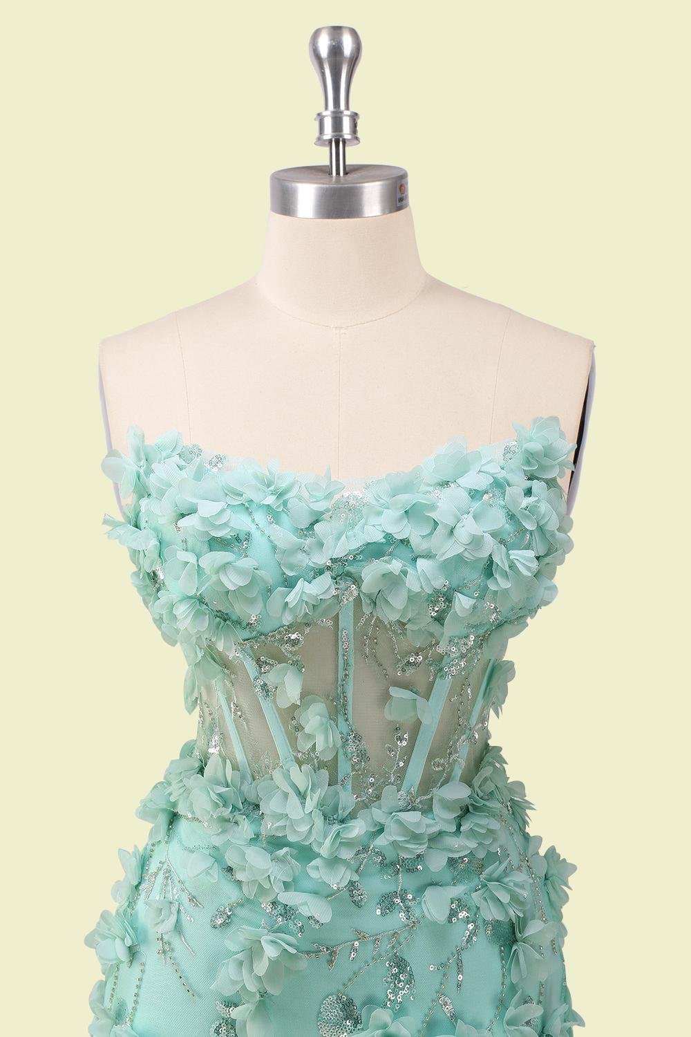Cyan Prom Dress 3D Floral Applique, Custom Made Satin Evening Gown, Formal Gala Wear - Image 6