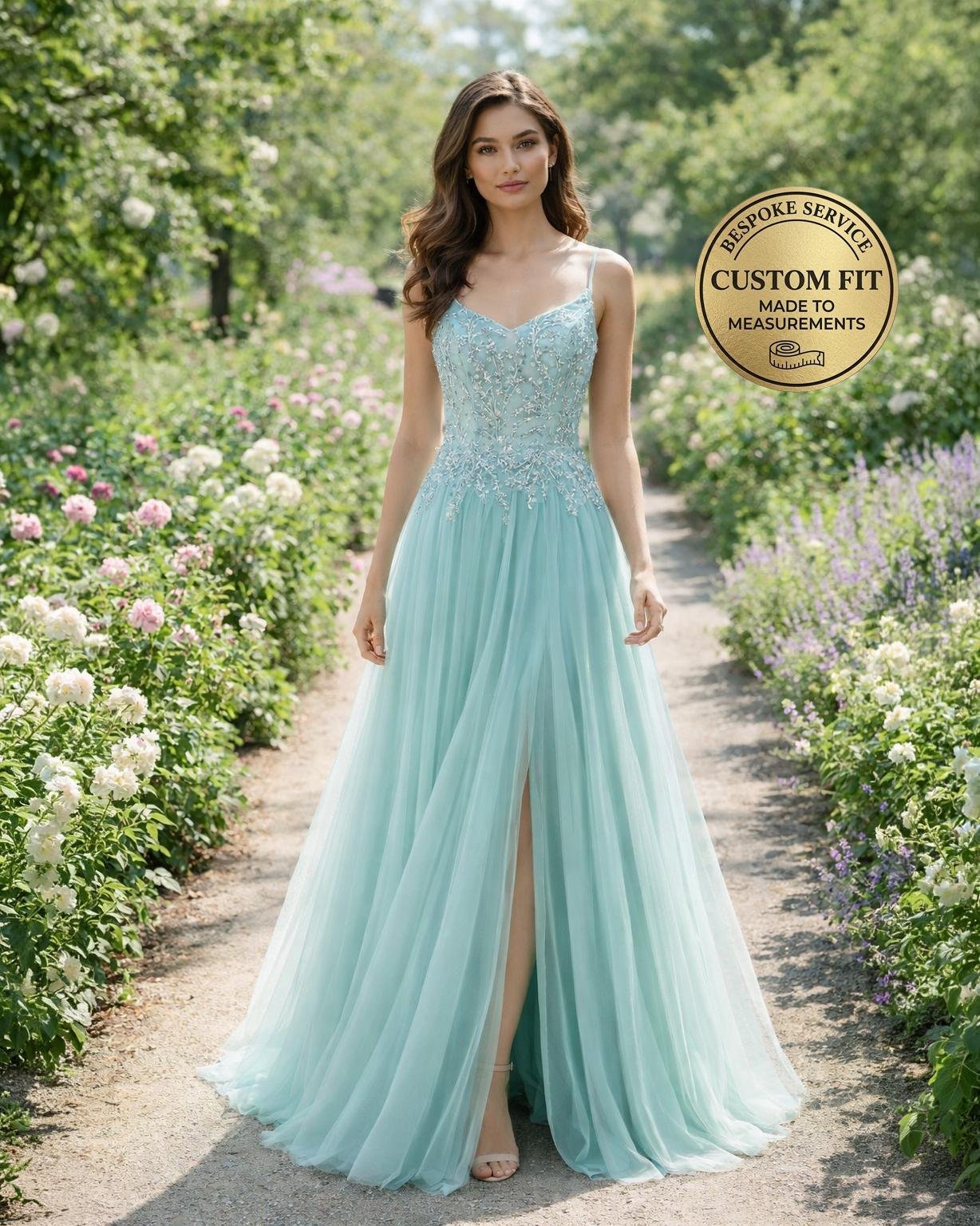 Cyan Prom Dress 3D Floral Applique
