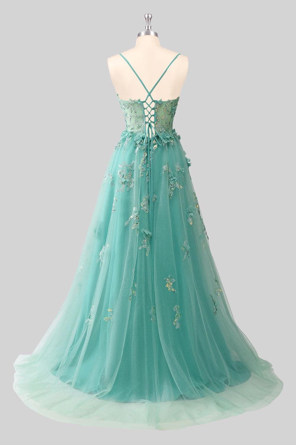 Cyan Wedding Dress 3D Floral Applique, Custom Made Satin Bridal Gown, Outdoor Wedding Wear - Image 4