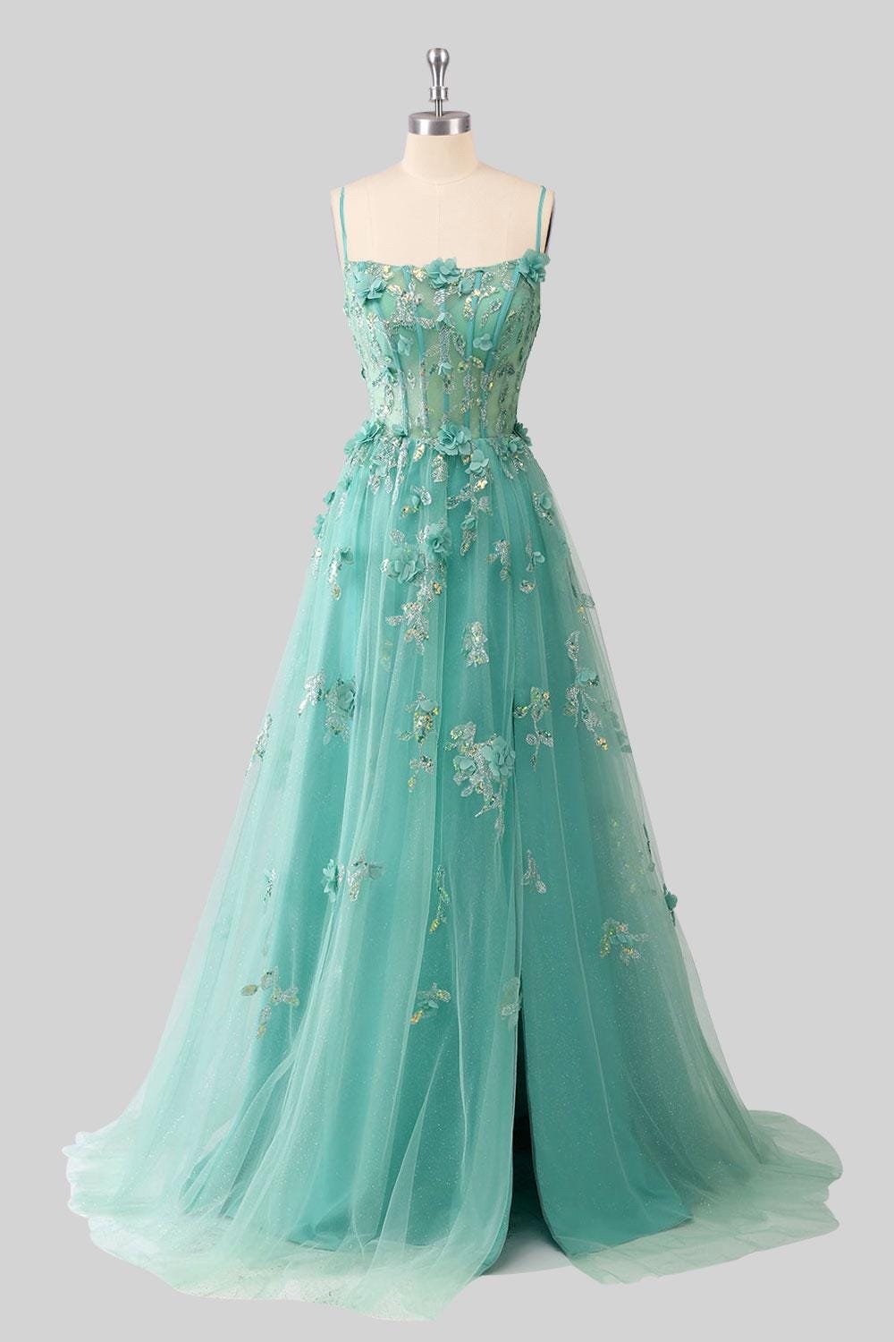 Cyan Wedding Dress 3D Floral Applique, Custom Made Satin Bridal Gown, Outdoor Wedding Wear - Image 5