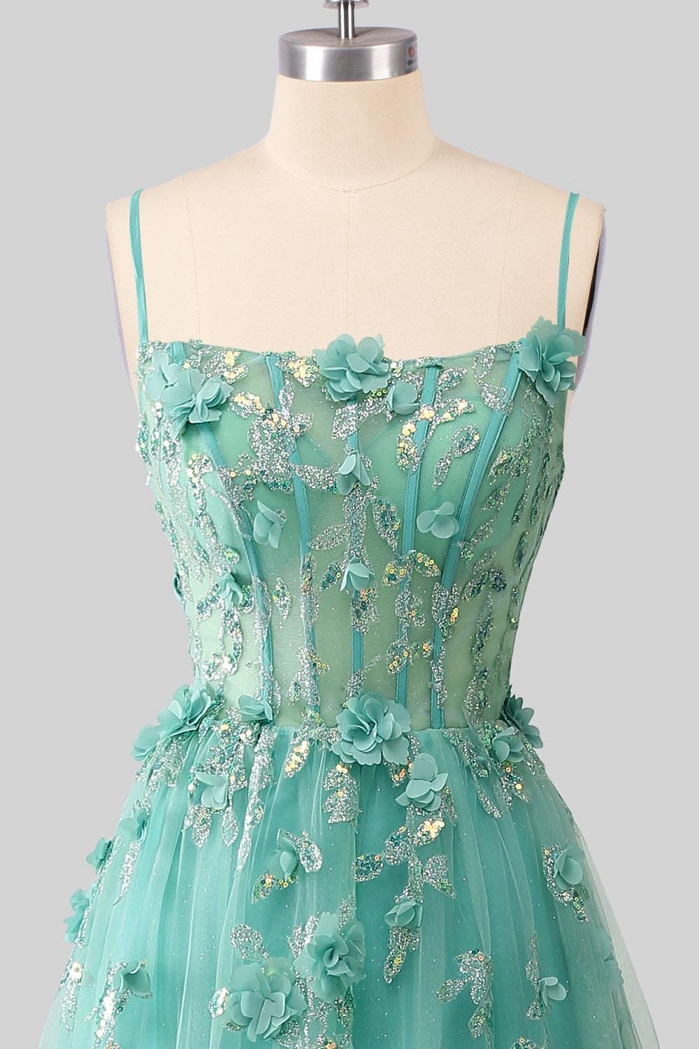 Cyan Wedding Dress 3D Floral Applique, Custom Made Satin Bridal Gown, Outdoor Wedding Wear - Image 6
