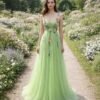 Green Prom Dress  3D Floral Applique