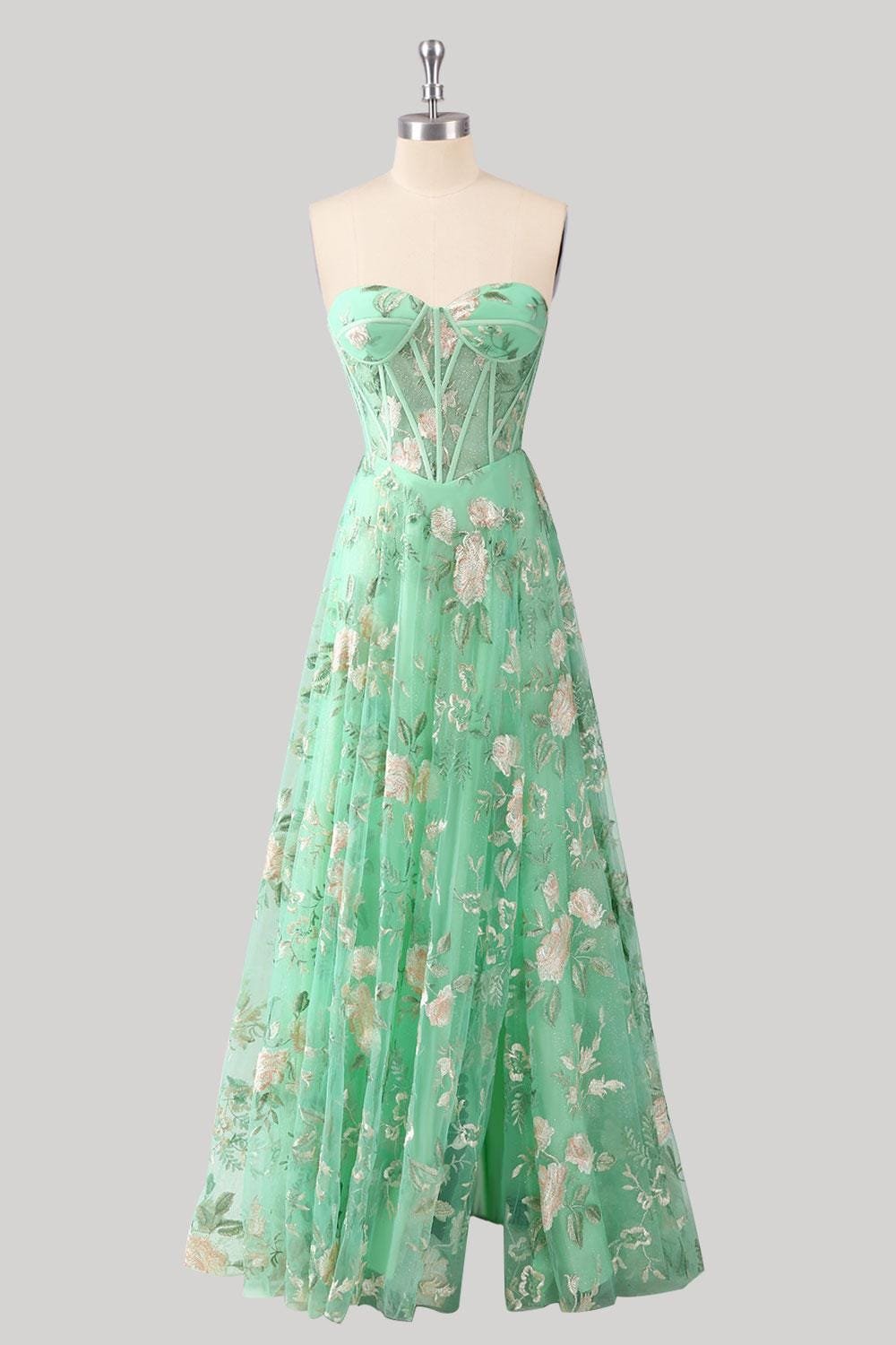 Green Prom Dress 3D Floral Applique, Custom Made Embroidery Evening Gown, Formal Gala Wear - Image 4